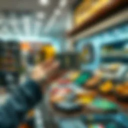 A person holding a crypto card while shopping at a store, displaying items on a counter.