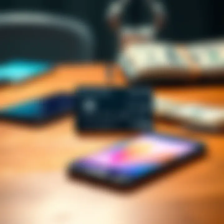 A sleek crypto debit card placed on a wooden table next to a smartphone and some dollar bills, symbolizing the blend of cryptocurrency and traditional finance.