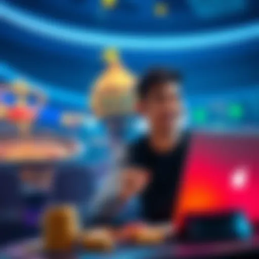 A person playing at a crypto casino on their laptop, enjoying an easy signup process and looking excited about bonuses and fast withdrawals.