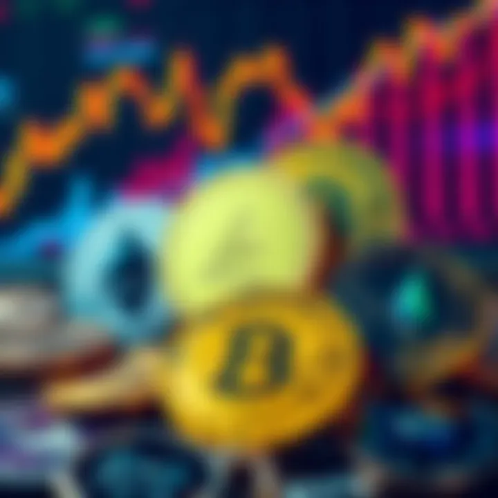 Various cryptocurrency coins including Ethereum, Cardano, Solana, Bitcoin, and RYO Coin displayed together with a digital trend chart background.