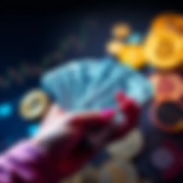 Crypto Coins and Cash A person holding cash with various cryptocurrency coins in the background, symbolizing investment opportunities.