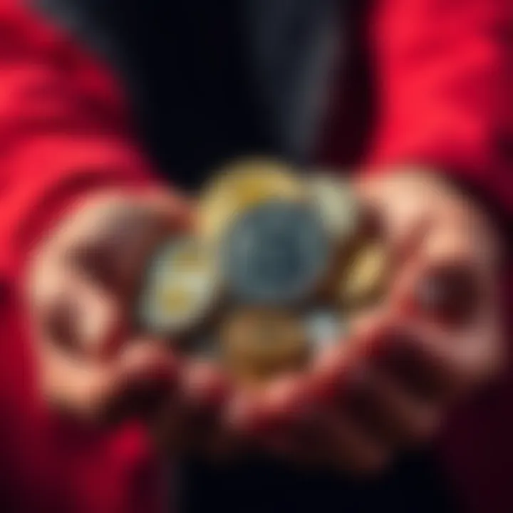A person holding a mix of cryptocurrency coins, representing commitment to crypto investments
