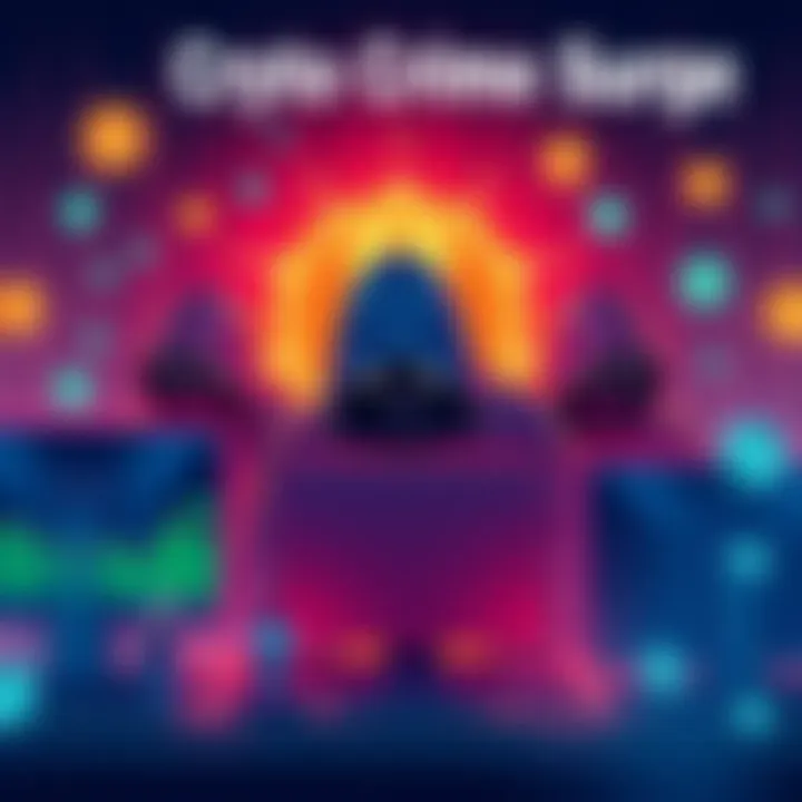 An illustration showing criminals using computers to steal cryptocurrencies, surrounded by blockchain symbols.