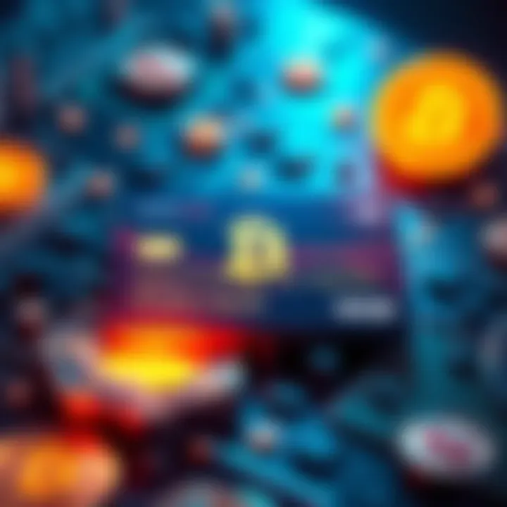 A visual representation of a crypto debit card with digital currency symbols and a barrier between cryptocurrency and traditional money