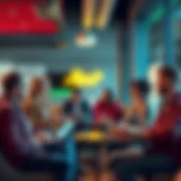 A group of people engaging in a conversation about cryptocurrency in a casual setting, with laptops and phones visible, sharing ideas and information.