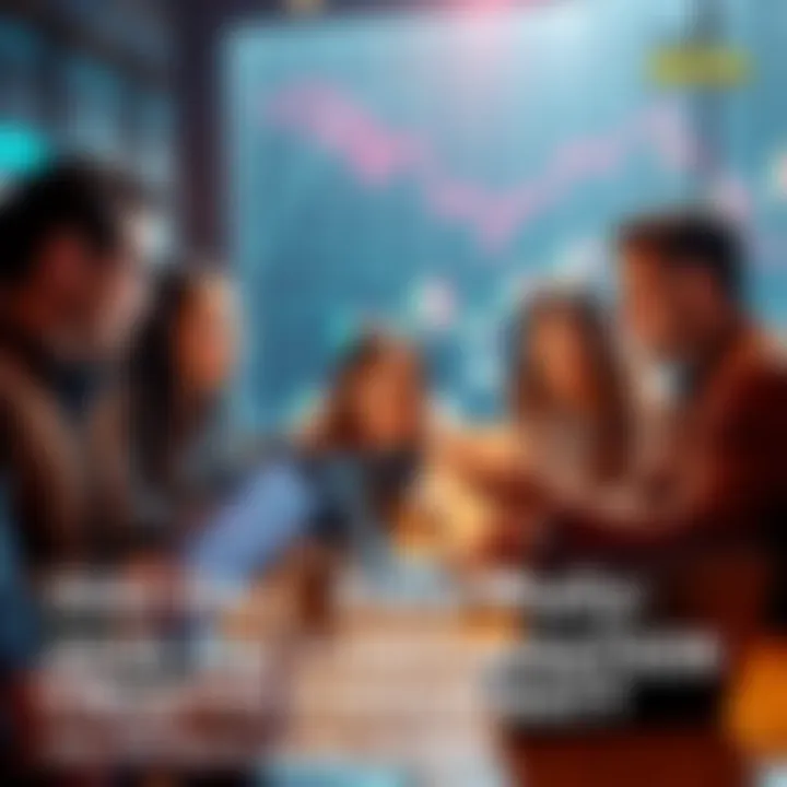 People discussing cryptocurrency with laptops and charts, sharing tips and warnings