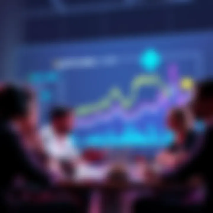 A group of people engaged in a discussion about cryptocurrencies with charts and graphs in the background.