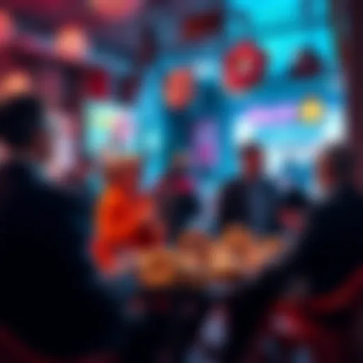 A vibrant scene featuring people chatting about cryptocurrency while enjoying various donuts, symbolizing the blend of finance and fun in a community gathering.