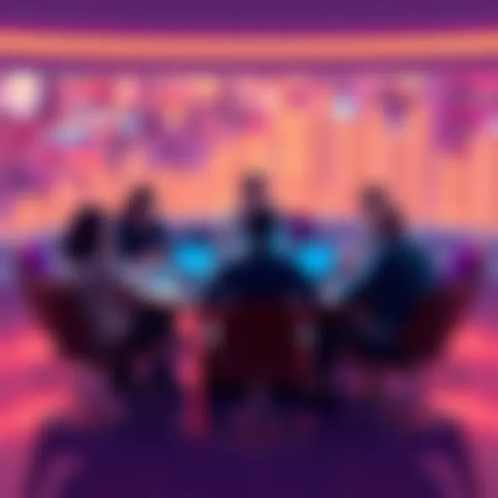 A group of people discussing cryptocurrency trends and tips at a round table with laptops and coffee cups