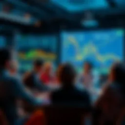 A diverse group of people engaging in a lively discussion about cryptocurrencies, with charts and graphs on a screen in the background.