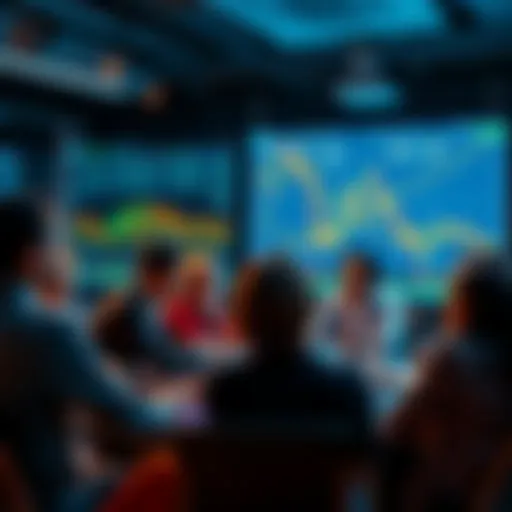 A diverse group of people engaging in a lively discussion about cryptocurrencies, with charts and graphs on a screen in the background.