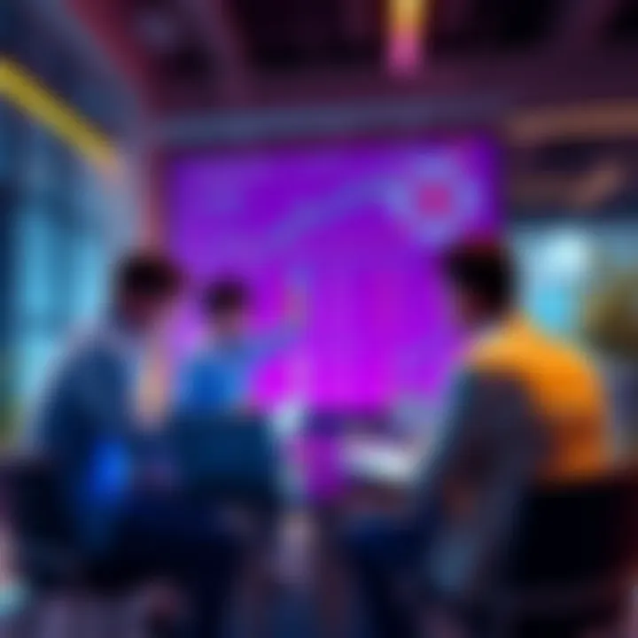 Crypto Discussion Group A group of people discussing cryptocurrency with charts and laptops in a modern setting.