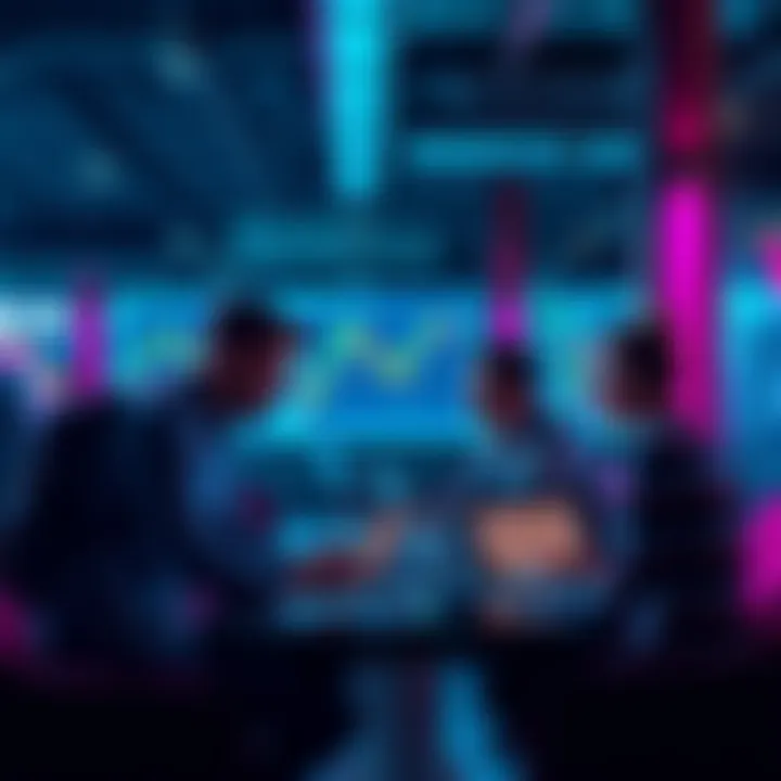 A group of people discussing cryptocurrency trading with charts and laptops in a modern setting.