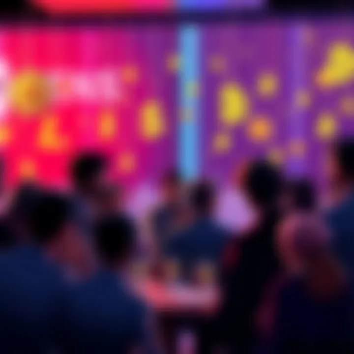 A group of people engaged in a lively discussion about cryptocurrency, with digital currency symbols in the background.