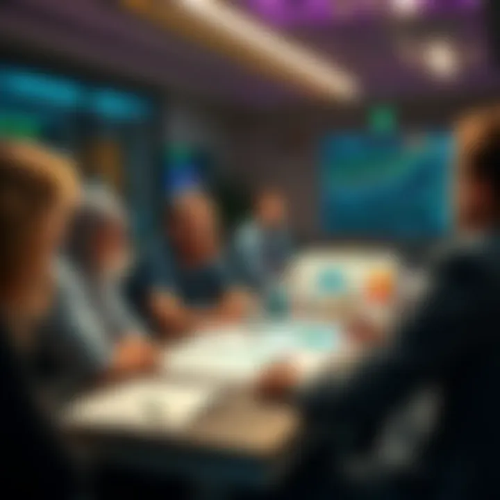 A group of people engaged in a discussion about DeFi and cryptocurrencies, with charts and notes on the table.