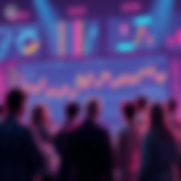 People discussing cryptocurrency with charts and graphics in the background