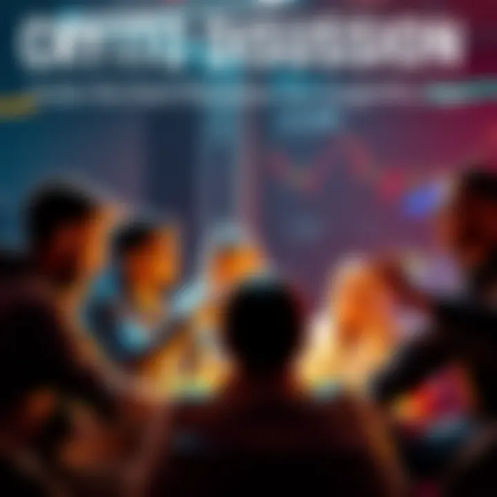 Crypto Discussion A group of people engaging in a lively discussion about cryptocurrency trading, sharing tips and insights.