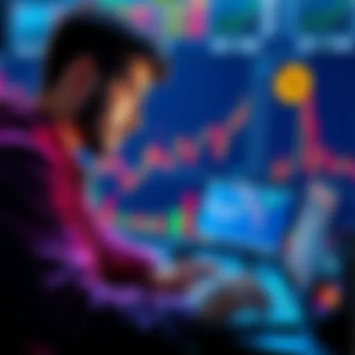 A person looking at charts on a laptop, pondering Bitcoin market trends, with graphs showing upward and downward movement in the background.