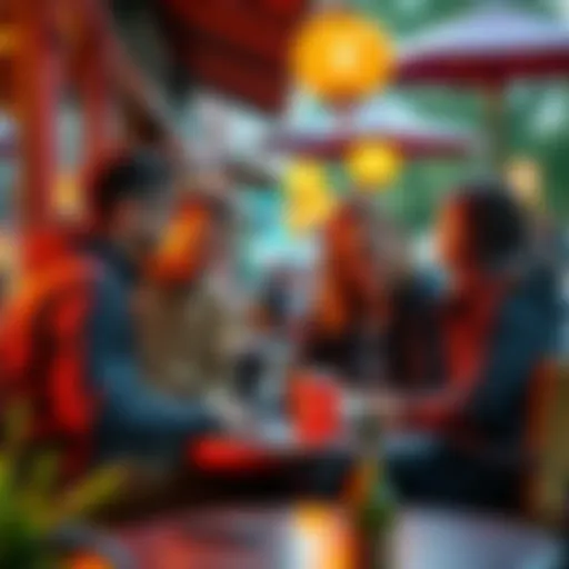 A group of young people gathering around a laptop, sharing investment ideas and chatting about cryptocurrencies in an outdoor café setting.