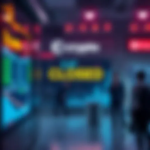 A graphic showing a closed crypto exchange with financial charts and worried users