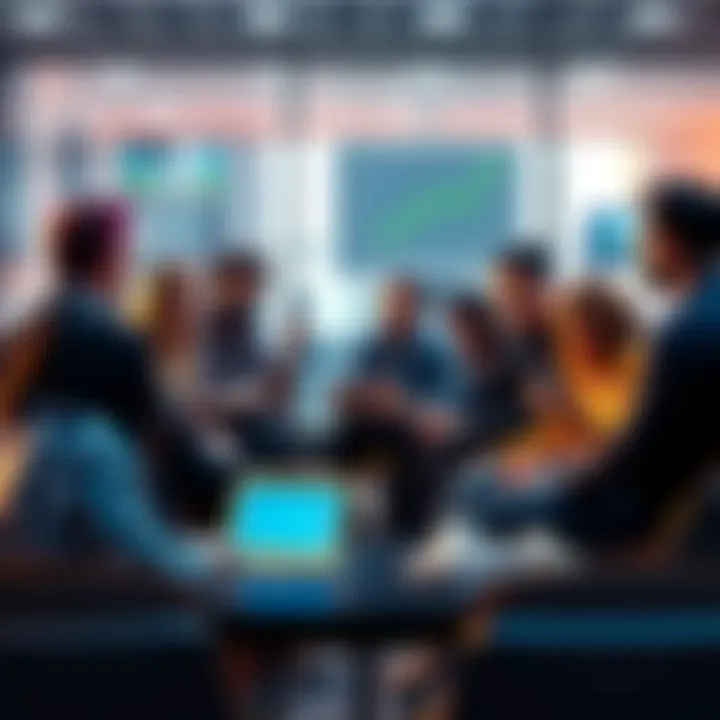 Crypto Fund Discussion A group of people engaged in a lively discussion about crypto funds in a modern setting, with charts and laptops around them.