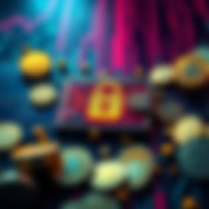 A graphic showing a digital wallet surrounded by privacy coins and a large lock symbol representing security issues.