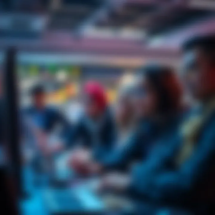 Group of diverse crypto holders analyzing charts and digital currencies in a modern workspace