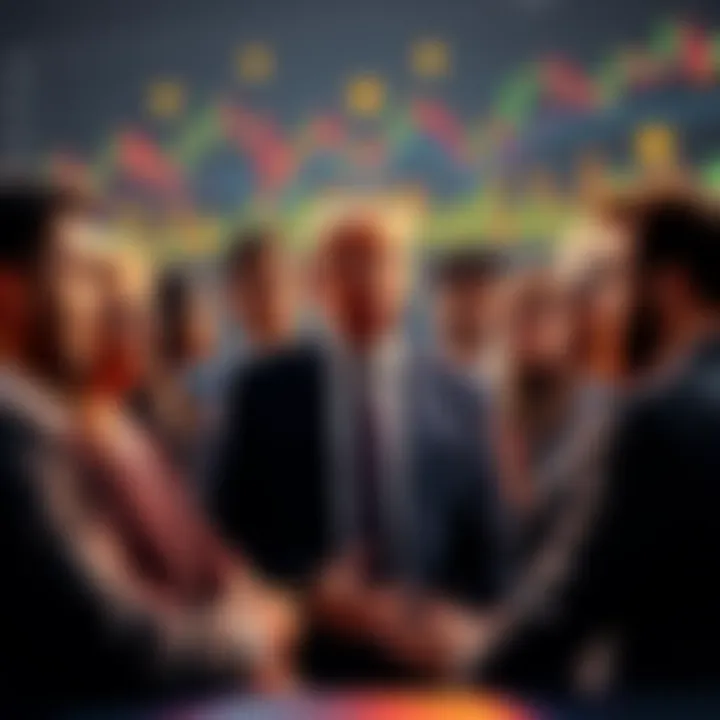 A group of diverse crypto influencers talking about Donald Trump’s presidency and its impact on the cryptocurrency market, with charts and digital currency symbols in the background.