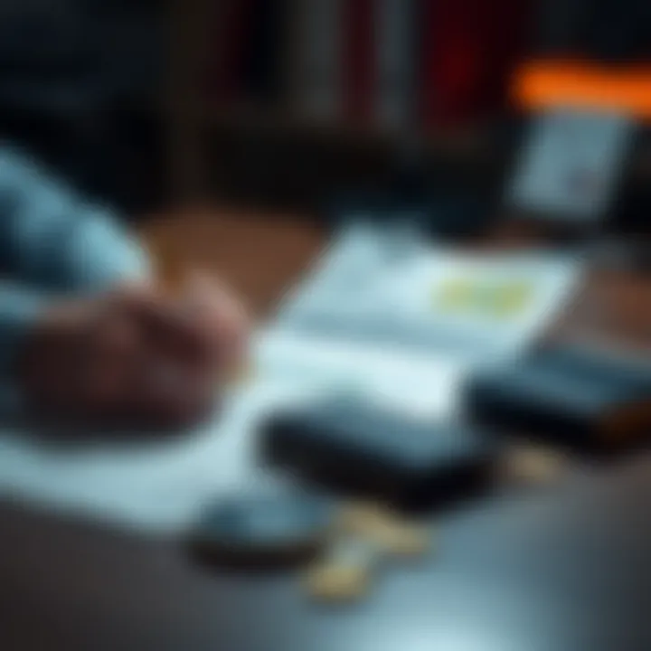 A person reviewing cryptocurrency assets with legal documents and a secure digital wallet on a desk.