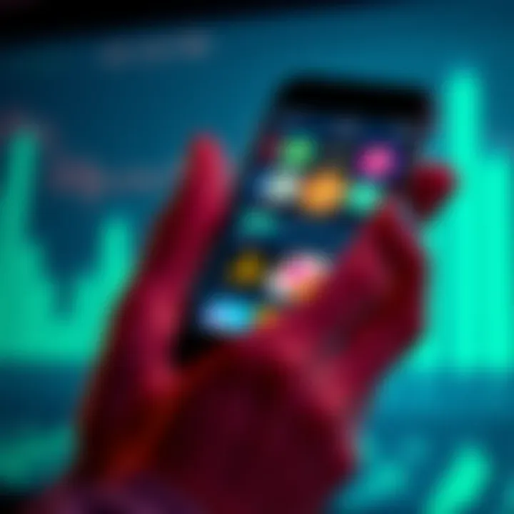 A smartphone displaying popular cryptocurrency investing apps on its screen with a person examining it.