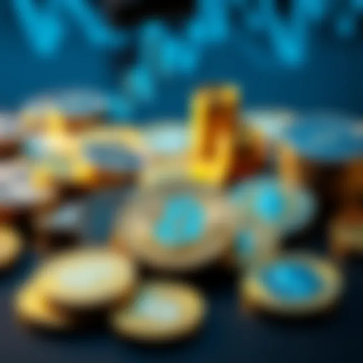 A collection of cryptocurrency coins on a table, including Bitcoin, Ethereum, and Solana, representing investment opportunities.