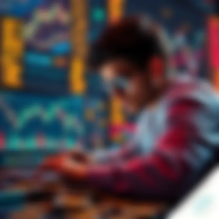 A beginner looking at a laptop with cryptocurrency charts on the screen, surrounded by coins.