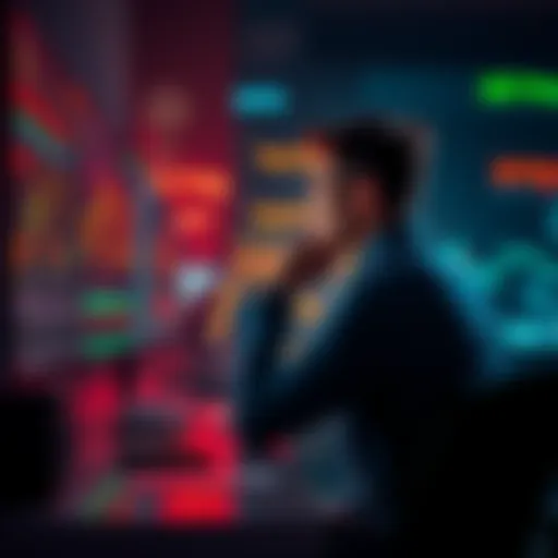 Individual sitting at a desk looking at cryptocurrency charts on a computer screen, deep in thought about market stability.