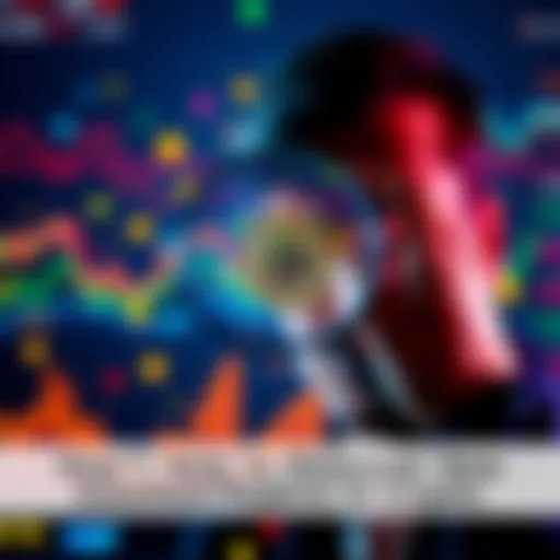 A person looking through a magnifying glass at cryptocurrency symbols and graphs, representing the search for new investment opportunities.