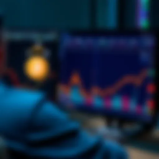 A person analyzing cryptocurrency data on a computer screen with altcoins displayed, while a graph shows a decline in AI stocks.