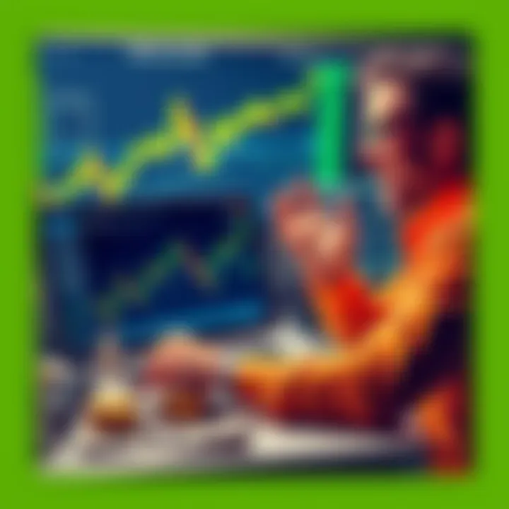 A happy person sitting in front of a laptop, looking at rising cryptocurrency charts, with dollar bills around them, celebrating a $40,000 profit from selling their crypto holdings.