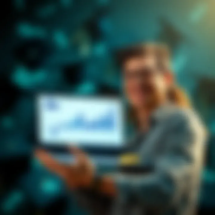 Crypto investor celebrating student debt payoff A happy person holding a laptop showing cryptocurrency graphs with a backdrop of graduation caps and dollar bills