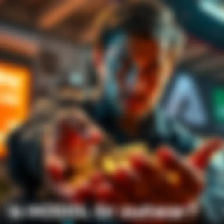 A person looking thoughtful while holding cryptocurrency coins, contemplating the HODL strategy.