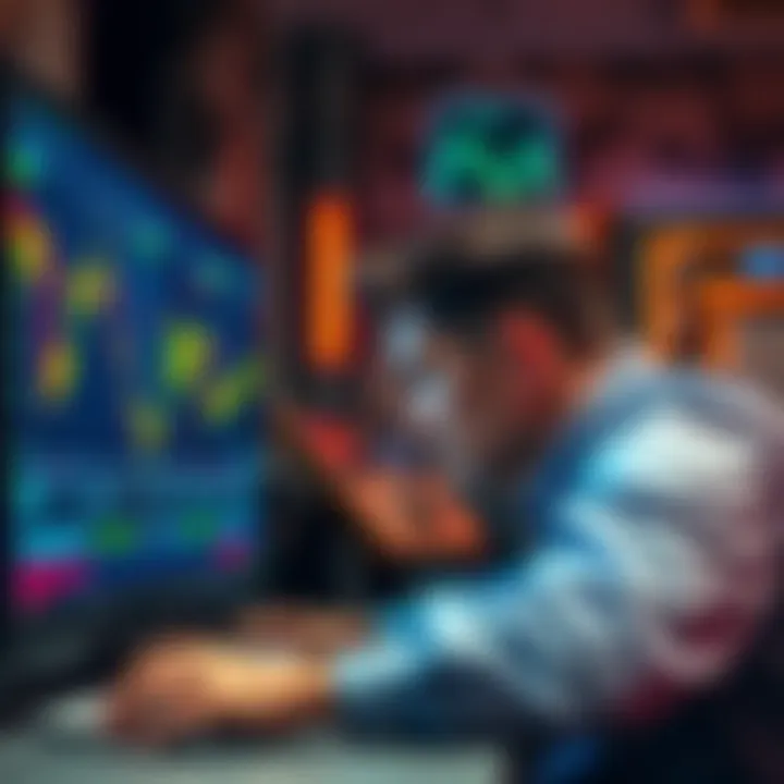 A distressed crypto investor looks at a computer screen displaying plummeting cryptocurrency prices, showing shock and disbelief.