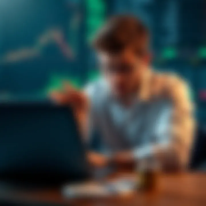 A worried investor sitting at a table with a laptop, analyzing cryptocurrency charts and showing signs of stress after losing money