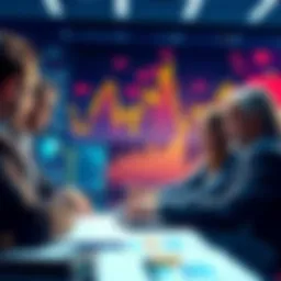 Group of crypto investors discussing strategies with charts and graphs in the background