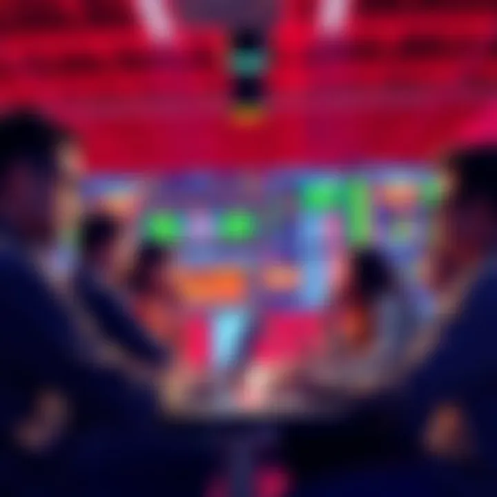 A group of people engaged in conversation about cryptocurrency on a forum, with laptops and screens showing charts in the background