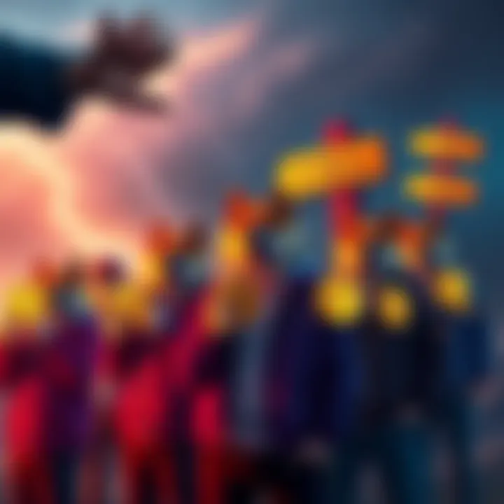 Group of people confidently holding Doge coins, standing against a stormy background with signs pointing to optimistic futures.