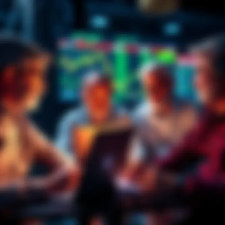 Crypto investors reviewing market trends A group of seasoned crypto investors analyzing graphs and charts on laptops, showing their calm approach towards market changes