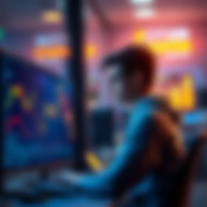 A computer science student looking at a digital screen with cryptocurrency charts and blocks, contemplating his future in crypto investing.