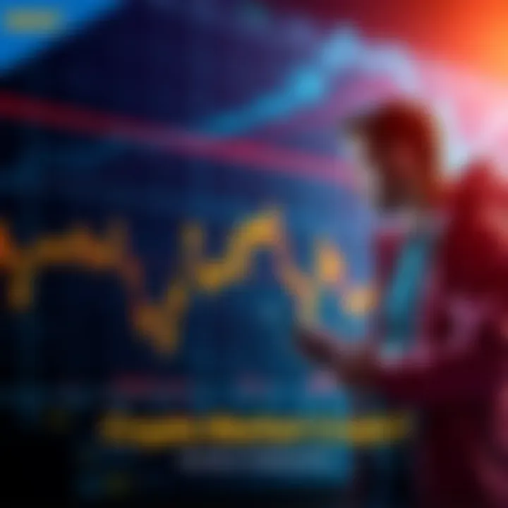 A graph showing a steep decline in cryptocurrency prices with a worried investor looking at his phone.