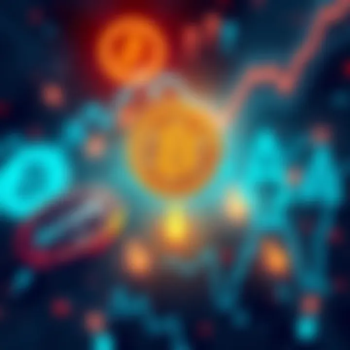 A digital illustration showing various cryptocurrency symbols like Bitcoin, LINK, and AAVE with downward arrows indicating a market crash.