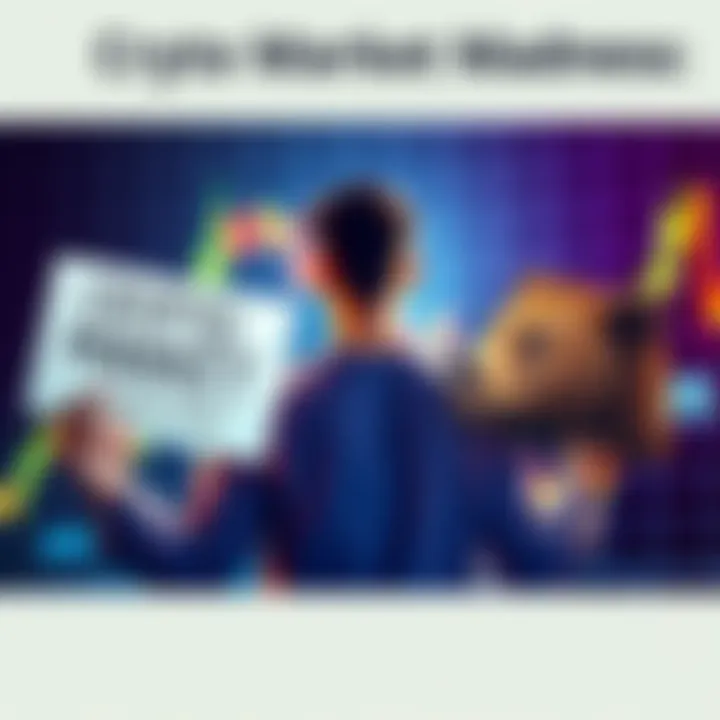 A person holding two signs: one showing a bull for optimism and the other showing a bear for fear, with a fluctuating graph in the background