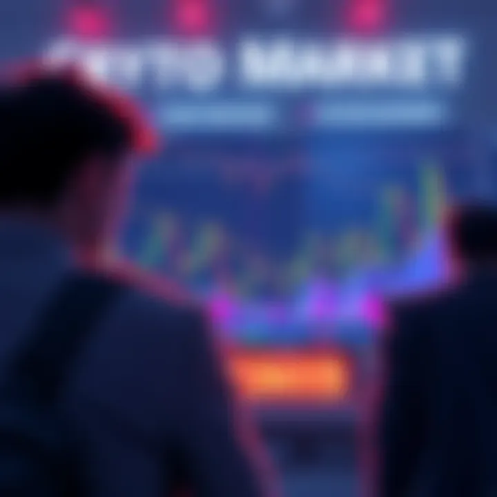 A chart showing fluctuating cryptocurrency prices with confused investors looking on.