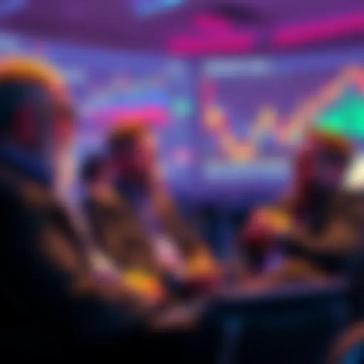 A group of experienced cryptocurrency experts sharing insights at a conference, with charts and graphs in the background showing market trends.